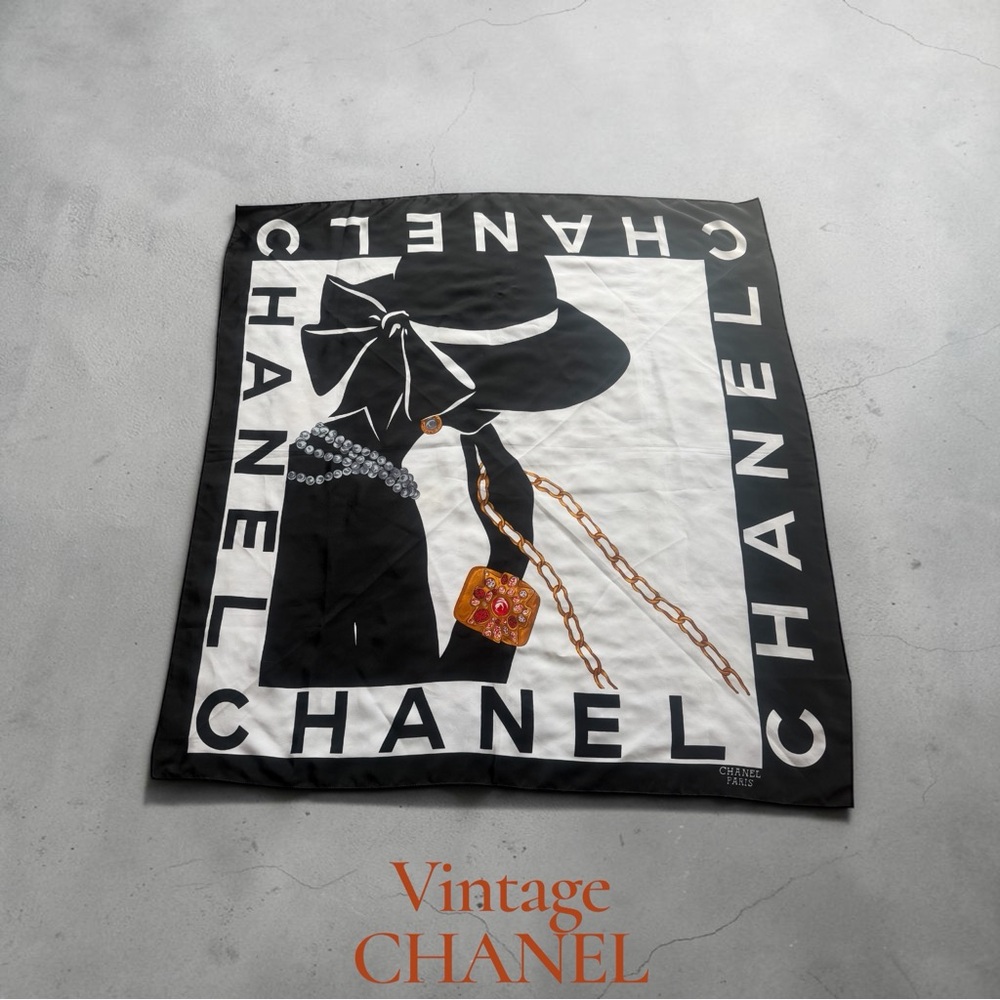 Vintage CHANEL Black, White and Gold Graphic Silk Scarf